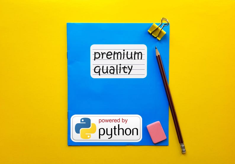 May include: A blue notebook with the words "premium quality" and "powered by python" on white labels. A pencil, pink eraser, and yellow binder clip are also on the yellow background.