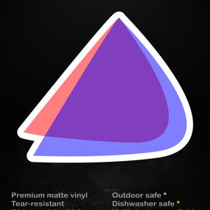 May include: A sticker with a white border and a layered triangular design in shades of red, purple, and blue. The text "stick me! somewhere cool..." is at the top. Additional text includes "Premium matte vinyl", "Tear-resistant", and "Water-resistant ink".