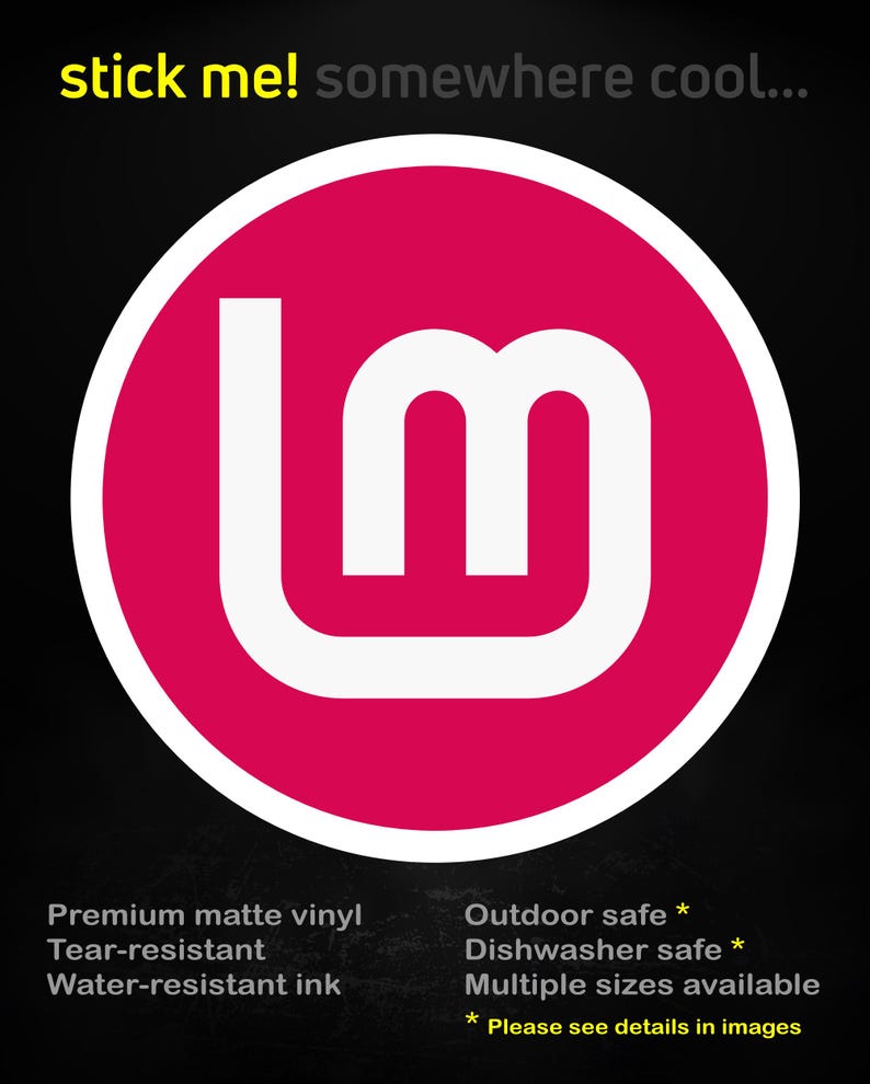 May include: A sticker with a white "lm" logo inside a magenta circle, set against a black background. The text "stick me! somewhere cool..." is at the top. Additional text at the bottom indicates the sticker is premium matte vinyl, tear-resistant, and water-resistant.