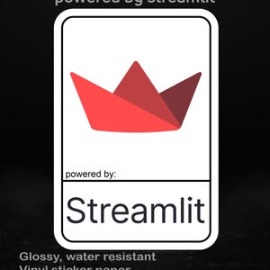 May include: A white sticker with a red paper boat design and the word "Streamlit" in a bold font. The text "powered by streamlit" is at the top. The sticker is made of glossy, water-resistant vinyl and is available in different sizes.