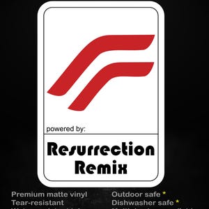 Puede incluir: Una pegatina blanca con un diseño abstracto rojo y el texto "Resurrection Remix". La pegatina también incluye las frases "stick me! somewhere cool..." y "powered by:" junto con detalles sobre las características de la pegatina.