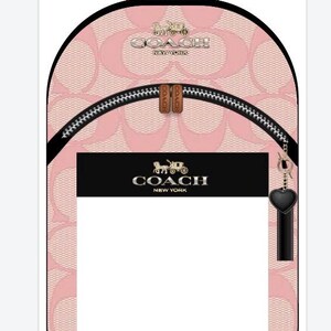 May include: A light pink backpack featuring the Coach New York logo and a repeating circular pattern. It includes a black front pocket with the Coach New York logo, a top handle, dual zipper pulls, and a black heart-shaped charm attached to the side.