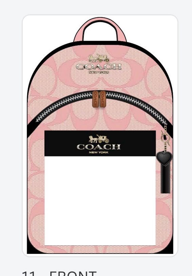 May include: A light pink backpack featuring the Coach New York logo and a repeating circular pattern. It includes a black front pocket with the Coach New York logo, a top handle, dual zipper pulls, and a black heart-shaped charm attached to the side.