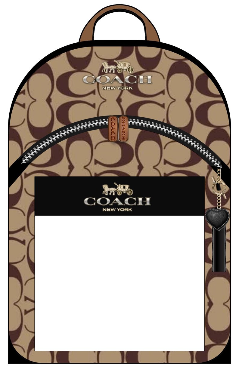May include: A tan and brown monogram print backpack featuring the Coach New York logo and horse and carriage emblem. The bag includes a front zippered pocket with a black rectangular panel, silver hardware, and a black heart-shaped charm.