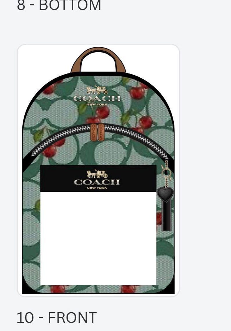 May include: A backpack featuring a light green background with a repeating Coach logo pattern and a red cherry print. It includes a brown top handle, a front zippered pocket with a black rectangular patch displaying the Coach New York logo, and a black heart-shaped charm.