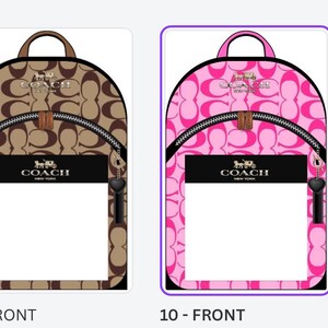 May include: Two backpacks featuring the Coach logo pattern. One is tan and brown, the other is bright pink and white. Both have a top handle, a front zippered pocket with a black rectangular panel, and a black heart-shaped charm on the zipper pull.