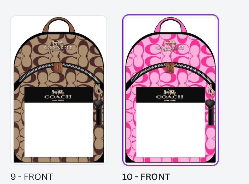 May include: Two backpacks featuring the Coach logo pattern. One is tan and brown, the other is bright pink and white. Both have a top handle, a front zippered pocket with a black rectangular panel, and a black heart-shaped charm on the zipper pull.