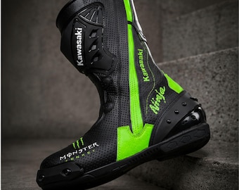 Botas verdes de motociclismo de competición / Botas protectoras para hombre / Calzado de motociclismo para turismo urbano