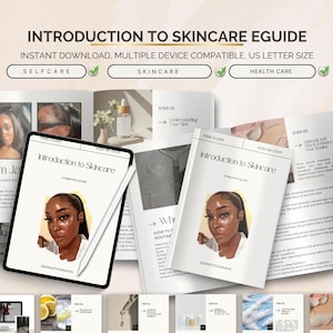 Può includere: Una guida elettronica intitolata "Introduction to Skincare" con il testo "Download istantaneo, compatibile con più dispositivi, formato US Letter". La guida presenta un ritratto di donna ed è etichettata come "Selfcare", "Skincare" e "Health Care".