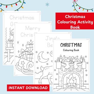 May include: A set of Christmas colouring books with line art illustrations. The books feature festive images such as a fireplace with stockings, a sleigh with gifts, and a reindeer with a crescent moon. The text "Christmas Colouring Activity Book" is displayed.