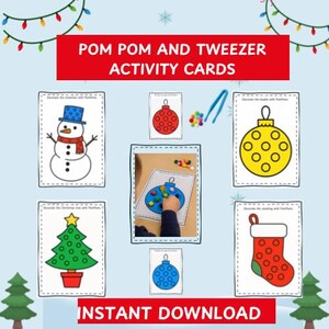 Può includere: Schede attività a tema natalizio con illustrazioni di pupazzo di neve, albero di Natale e decorazioni. Le schede sono progettate per attività con pompon e pinzette. Il testo recita "POM POM AND TWEEZER ACTIVITY CARDS" e "INSTANT DOWNLOAD".