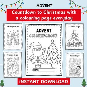 May include: Advent coloring book with a countdown to Christmas. The cover features Santa Claus and a Christmas tree. Includes pages with reindeer, a gingerbread man, a Christmas tree, and children with gifts. Text includes "24 sleeps to go!" and "Instant Download."