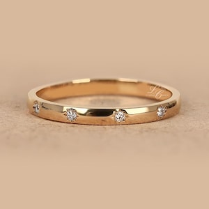 Flush Set Wedding Band, 14K Solid Gold Lab Grown Diamond Band, Celestial Star, 2.50 mm Band, Minimalist Stackable/Matching Band For Her
