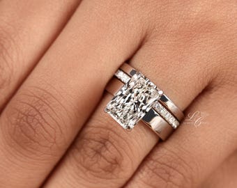 Cigar band Radiant Engagement Ring, Bridal ring set, 3 band ring, 14K Gold Solitaire Thick Band Ring With Eternity Band, Wedding Ring Stack