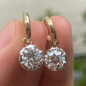 bezel Hoop Earrings, Georgian Style Bezel Set Round Lab Grown Diamond Earrings, White Button Down Setting Bezel, Drop Earrings For Women