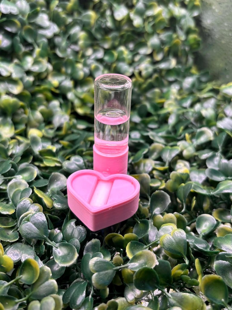 Peut inclure: Un flacon en verre transparent contenant un liquide rose, reli&eacute; &agrave; une base rose. Un r&eacute;cipient rose en forme de c&oelig;ur est plac&eacute; &agrave; proximit&eacute;. Les objets sont pr&eacute;sent&eacute;s sur un fond de feuillage vert.