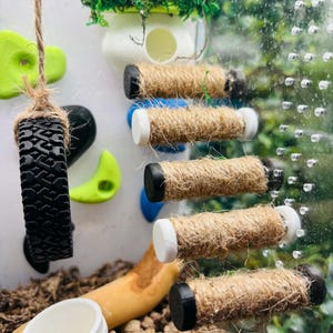 Puede incluir: Un montaje de terrario con una variedad de elementos. Incluye un pequeño neumático negro suspendido por una cuerda, presas de escalada y una serie de cilindros envueltos en yute. También se ve un recipiente blanco y una maceta pequeña con follaje verde.