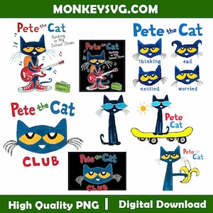 Pete The Cat Design Bundle SVG PNG, Children Book Pete the Cat Merchandise Png, Popular Childhood Cartoon Shirt Png, File Digital Download