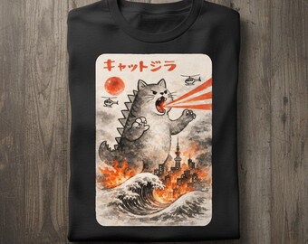 Catzilla Japanese Monster Cat T Shirt Watercolor Art Tee