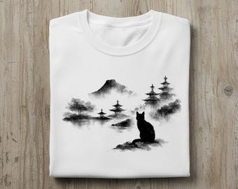 Japanese Ink Cat T Shirt Sumi E Landscape Art Tee