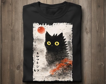 Catzilla Japanese Watercolor Cat T Shirt Sumi E Art Tee