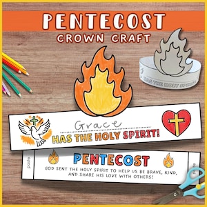 May include: A Pentecost Crown Craft kit with the text "Pentecost Crown Craft" at the top. The kit includes paper strips with text and illustrations of a dove, heart, and flames. A pair of scissors and colored pencils are also visible.