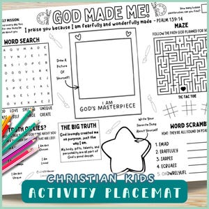 Printable Psalm 139:14 Activity Placemat - Fearfully and Wonderfully Made for Kids, God Made Me, Christian Coloring and Puzzles
