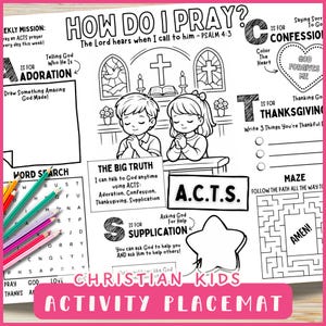 ACTS Prayer Method for Kids Printable Activity Placemat - Christian How To Pray Bible Lesson Sheet