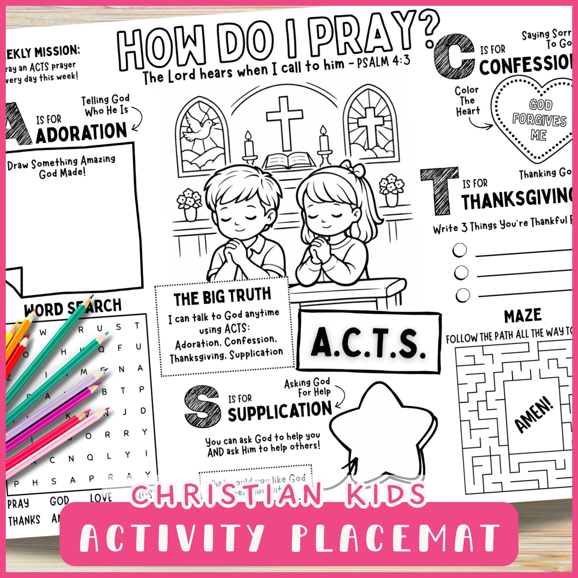 ACTS Prayer Method for Kids Printable Activity Placemat - Christian How ...