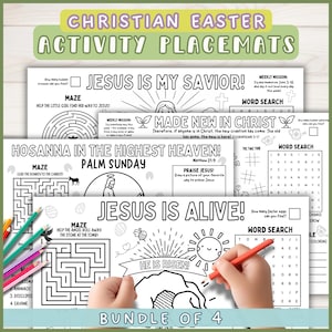 Printable Christian Easter Activity Placemat Bundle - Set of 4 Christian Kids Coloring Puzzle Sheets, Palm Sunday, Resurrection, John 3:16
