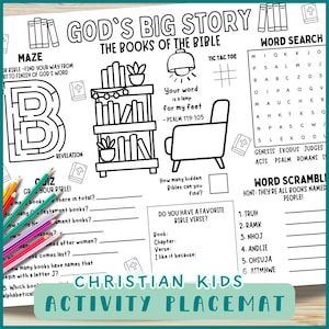 Mantel individual imprimible de actividades de los Libros de la Biblia - Juegos para colorear y rompecabezas de la Biblia cristiana para niños, Antiguo y Nuevo Testamento, Hoja de trabajo para la escuela dominical