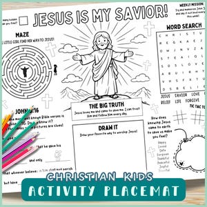 Printable John 3:16 Jesus Is My Savior Activity Placemat - Gospel Bible Coloring and Puzzles for Kids, Low-Prep Sunday School Resource