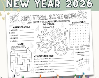 Tovaglietta per attività di Capodanno con lo stesso Dio 2026 / Stampabile per Capodanno cristiano / Attività bibliche per bambini / Ricerca di parole sulla fede, labirinto, pagina degli obiettivi