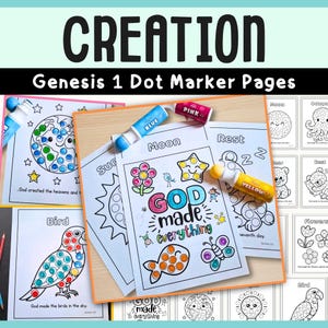 May include: A set of Genesis 1 dot marker pages featuring black and white illustrations of creation themes like the moon, sun, and animals. The pages include text such as God made everything, with blue, pink, and yellow dot markers placed on top.
