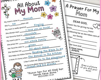 Todo sobre mi mamá: hoja de trabajo imprimible para entrevistas y oraciones cristianas del Día de la Madre para niños, recuerdo para padres de la escuela dominical.