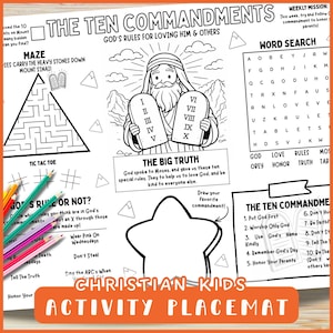 Printable Ten Commandments Activity Placemat - Christian Kids Bible Puzzles & Games Sheet, Moses Coloring, Fun Sunday School Resource