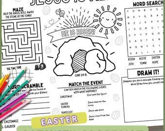 Mantel individual imprimible con actividades de Pascua para el Domingo de Resurrección: "Él ha resucitado": colorear, rompecabezas, juegos para niños cristianos, escuela dominical