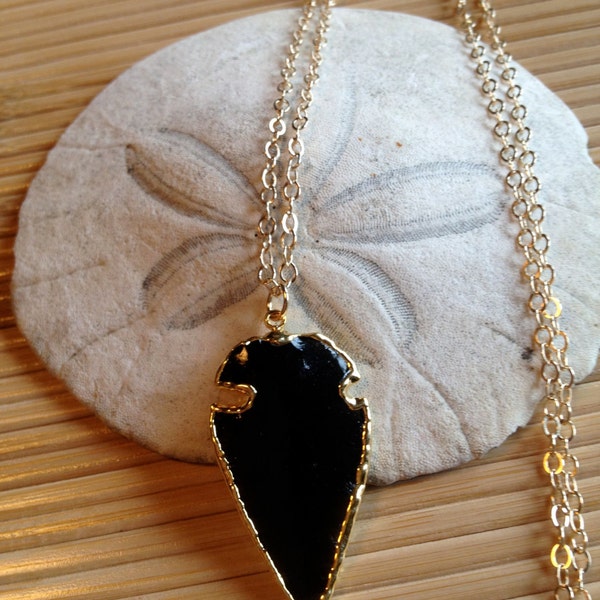 Long 14 K Gold Fill Chain with Black Obsidian and Gold Arrowhead Pendant Boho Chic Ladies Jewelry