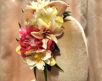 Tropical hair flower clip Tiki Style Wedding Oasis, Spring Summer hair flower. Half hat, flower band