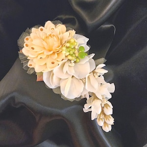 Wedding flower cascade cluster, glass crystals, off White, light yellow, pink, lavender.Hawaiian tropical tiki formal hair cluster