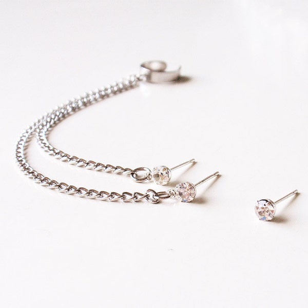 Silver Crystal Double Pierce Ear Cuff (Pair)