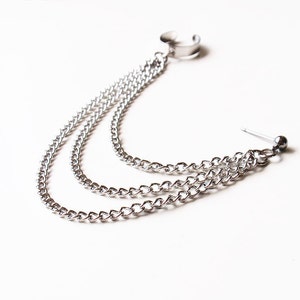 Silver Triple Chain Ear Cuff Earring Single-Side image 2