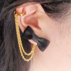 Black Bow Gold Double Chain Ear Cuff Earrings Pair image 1
