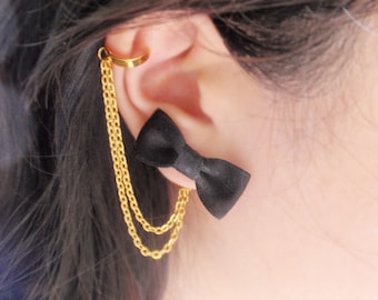 Black Bow Gold Double Chain Ear Cuff Earrings (Pair)