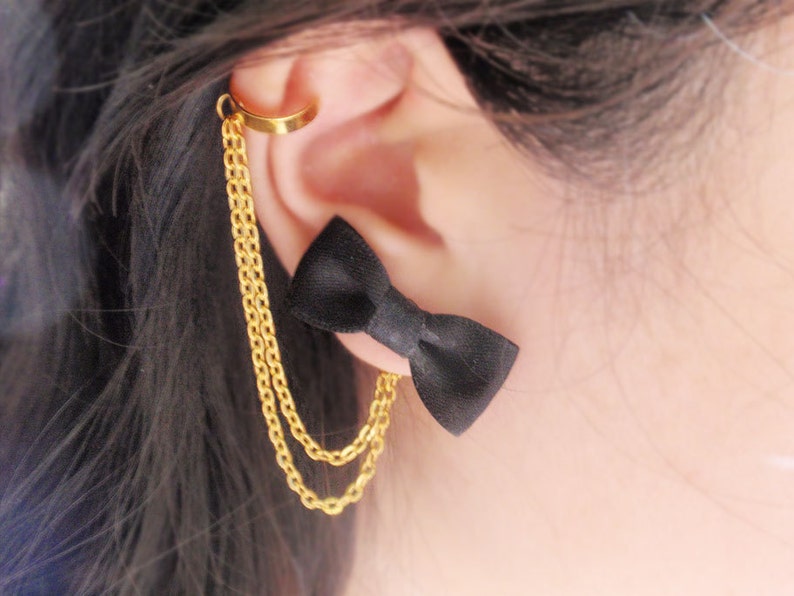 Black Bow Gold Double Chain Ear Cuff Earrings Pair image 1