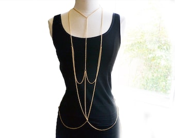 Gold Cross Body Chain Harness Necklace