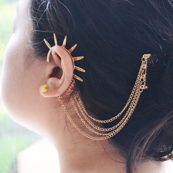 Gold Spike Ear Cuff Hair Comb Ear Cuff Chain Headpiece Gypsy Boho Hair Comb Bohemian Hair Jewelry Chain Hair Comb Earring