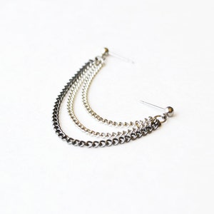 Silver and Black Triple Chain Double Pierce Cartilage Earring (Single-Side)