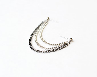 Silver and Black Triple Chain Double Pierce Cartilage Earring (Single-Side)