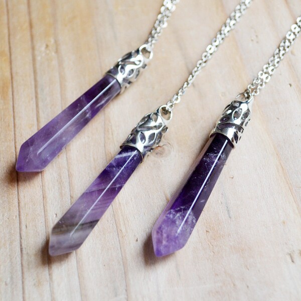 Amethyst February Birthstone Quartz Crystal Polished Pendulum Geolith Necklace